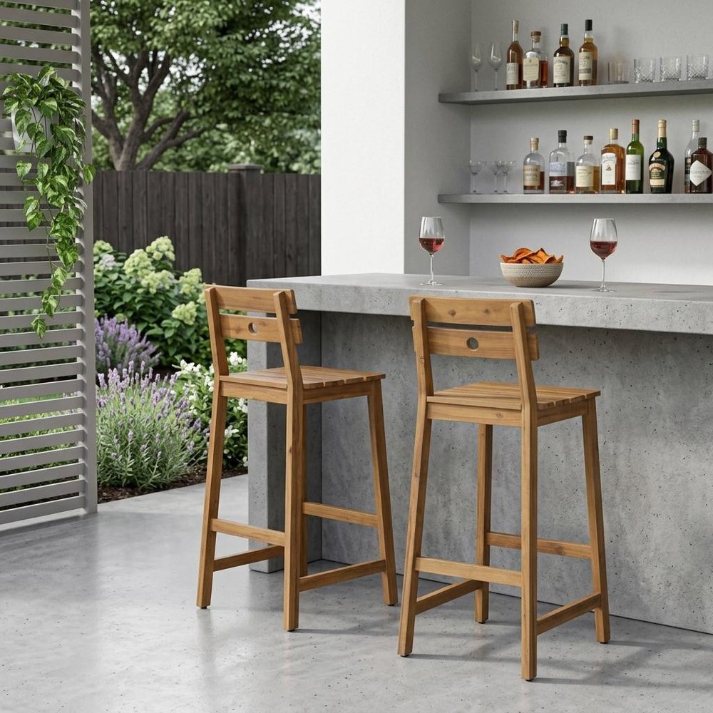 Set of Two 30" Brown Solid Wood Outdoor Bar Height Chairs