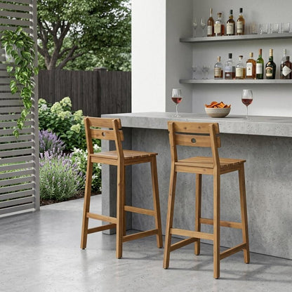 Set of Two 30" Brown Solid Wood Outdoor Bar Height Chairs
