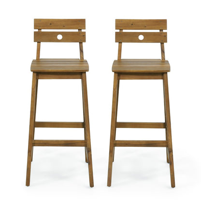 Set of Two 30" Brown Solid Wood Outdoor Bar Height Chairs