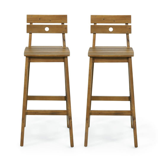 Set of Two 30" Brown Solid Wood Outdoor Bar Height Chairs