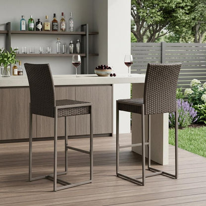 Set of Two 30" Gray and Dark Brown Iron Outdoor Bar Height Chairs