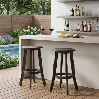 Set of Two 30" Dark Gray Solid Wood Backless Outdoor Bar Height Chairs