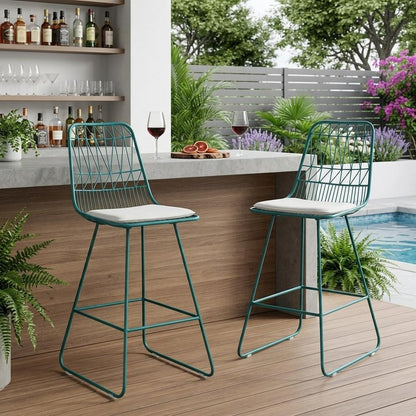 Set of Two 30" Teal Blue Iron Outdoor Bar Height Chairs
