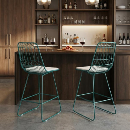 Set of Two 30" Teal Blue Iron Outdoor Bar Height Chairs