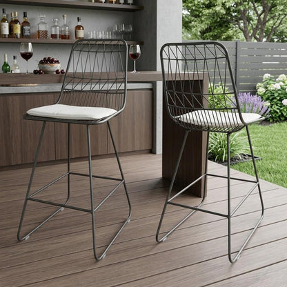 Set of Two 30" Gray And Ivory Iron And Cushion Outdoor Bar Height Chairs