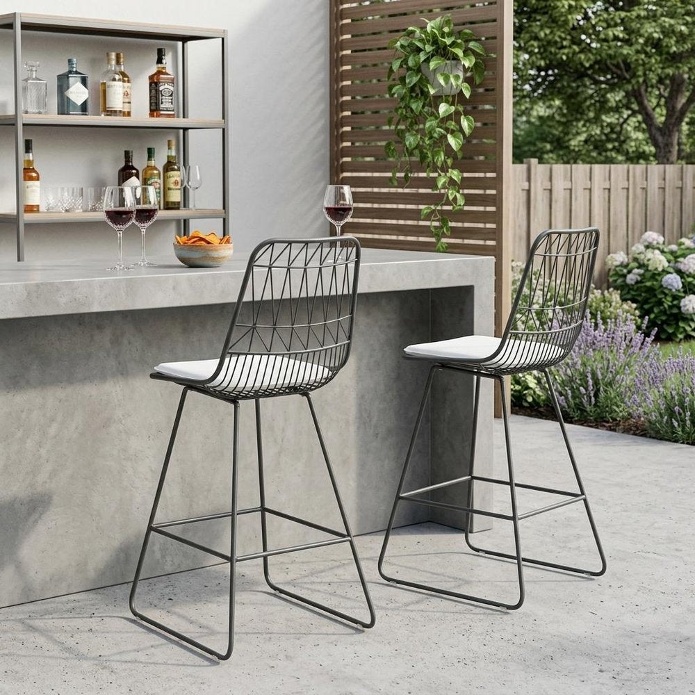 Set of Two 30" Gray And Ivory Iron And Cushion Outdoor Bar Height Chairs