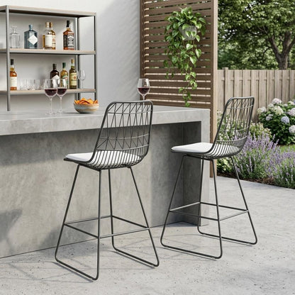 Set of Two 30" Gray And Ivory Iron And Cushion Outdoor Bar Height Chairs