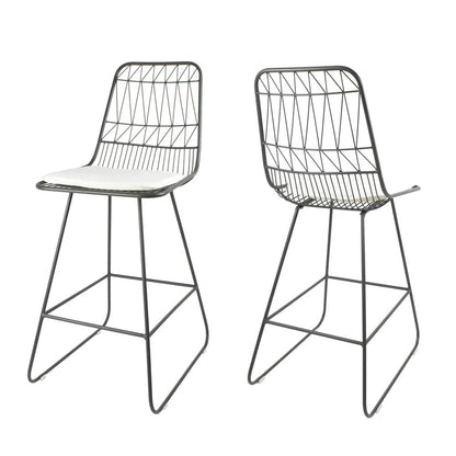 Set of Two 30" Gray And Ivory Iron And Cushion Outdoor Bar Height Chairs