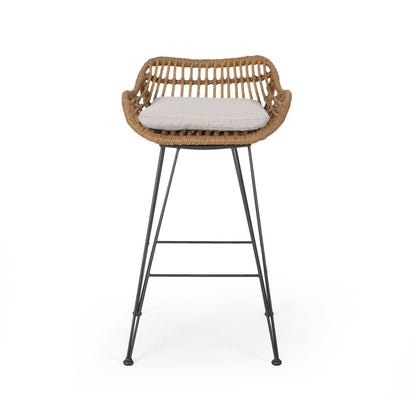 Set of Two 30" Black and Beige Iron Low Back Outdoor Bar Height Chairs