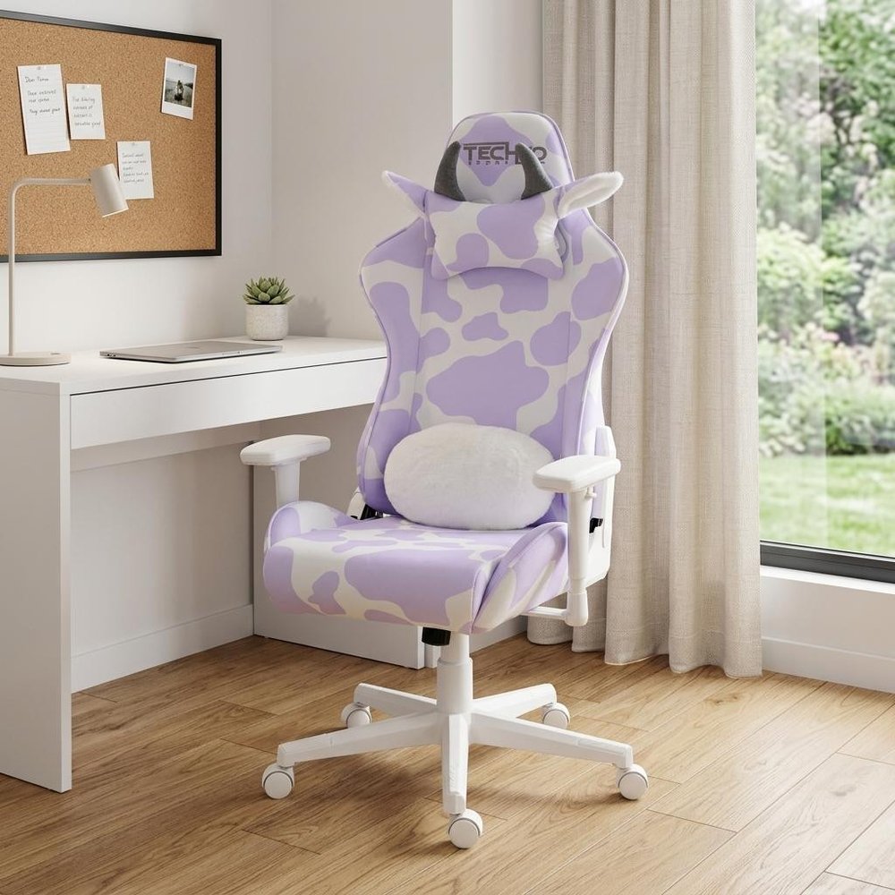 Lavender and White Cow Print Adjustable Height Rolling Gaming Chair