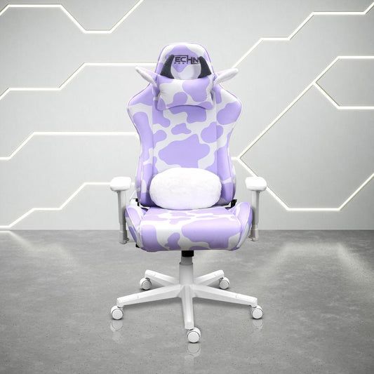 Lavender and White Cow Print Adjustable Height Rolling Gaming Chair