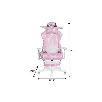 Pink and White Cow Print Adjustable Height Rolling Gaming Chair With Footrest