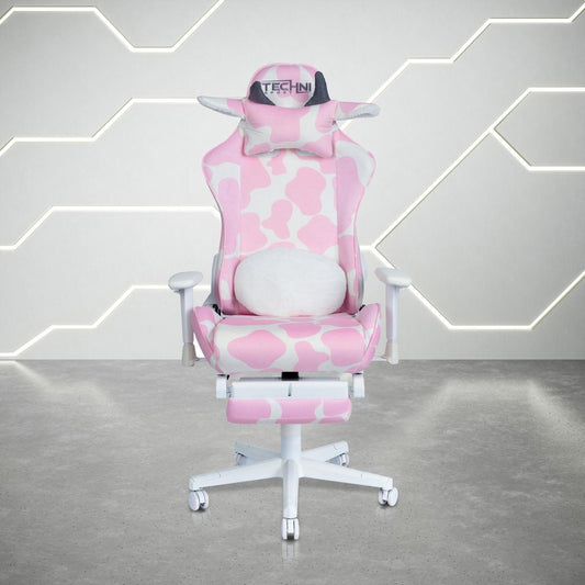 Pink and White Cow Print Adjustable Height Rolling Gaming Chair With Footrest