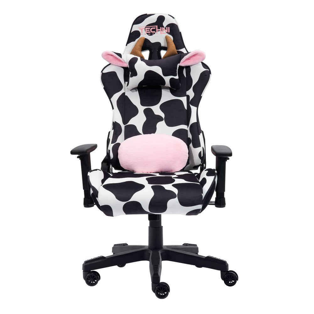 Black White And Pink Cow Print Adjustable Height Swivel Rolling Gaming Chair