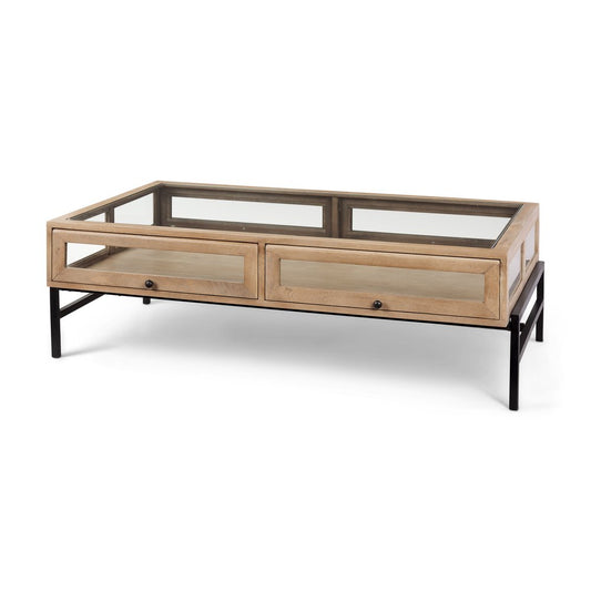 50" Clear and Black Glass Solid Wood and Iron Coffee Table