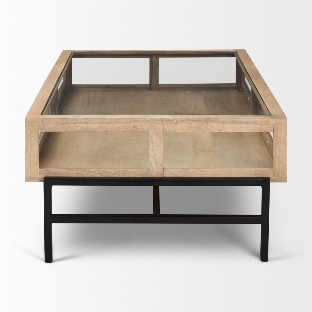 50" Clear and Black Glass Solid Wood and Iron Coffee Table
