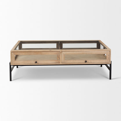 50" Clear and Black Glass Solid Wood and Iron Coffee Table