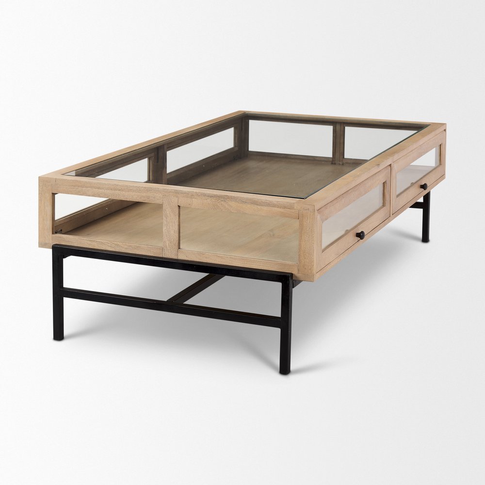 50" Clear and Black Glass Solid Wood and Iron Coffee Table