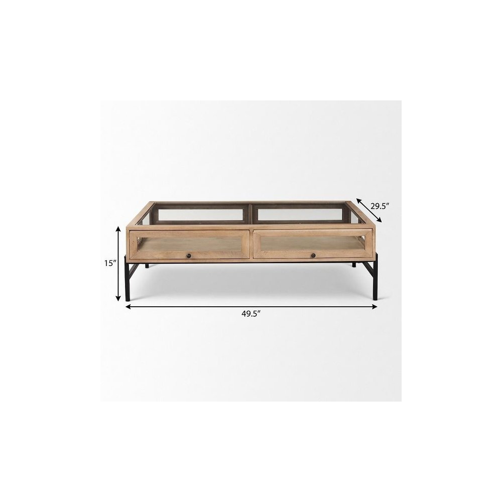 50" Clear and Black Glass Solid Wood and Iron Coffee Table