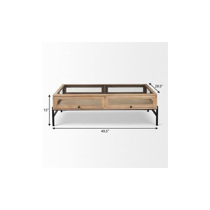 50" Clear and Black Glass Solid Wood and Iron Coffee Table