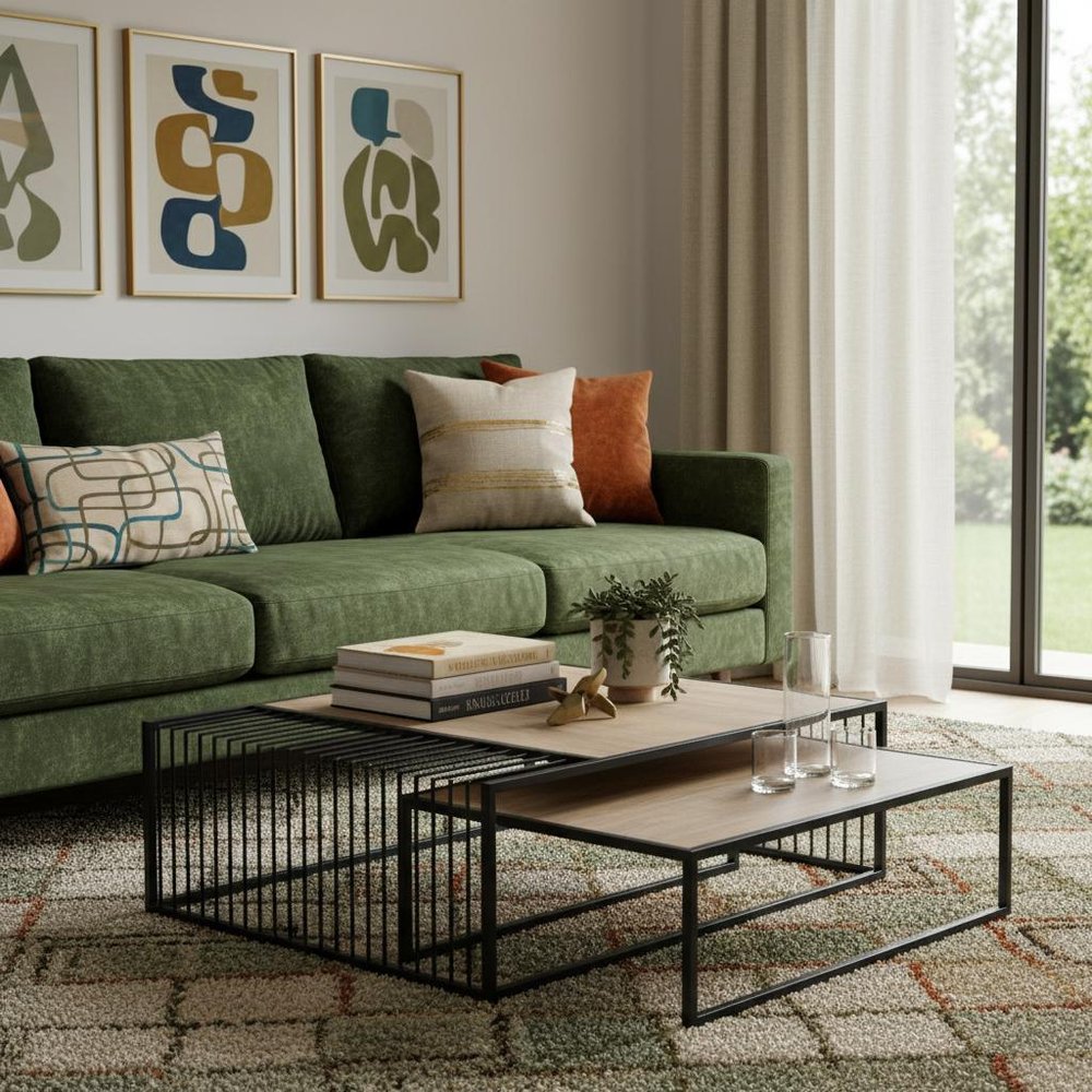 Set Of Two Light Brown and Black Solid Wood and Iron Square Frame Nested Coffee Tables