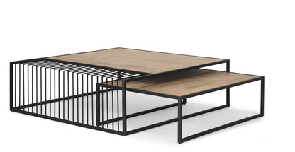 Set Of Two Light Brown and Black Solid Wood and Iron Square Frame Nested Coffee Tables