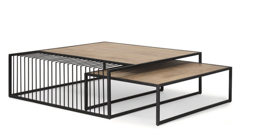 Set Of Two Light Brown and Black Solid Wood and Iron Square Frame Nested Coffee Tables