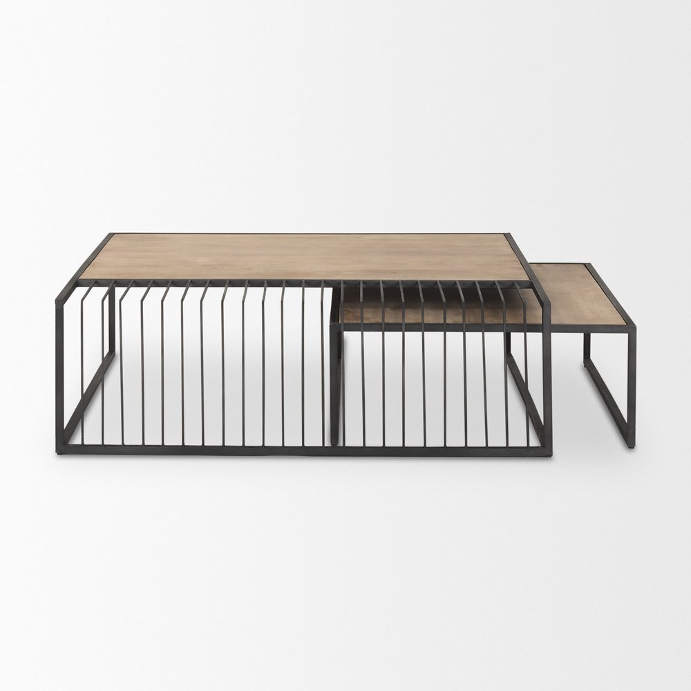 Set Of Two Light Brown and Black Solid Wood and Iron Square Frame Nested Coffee Tables