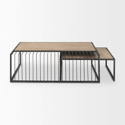 Set Of Two Light Brown and Black Solid Wood and Iron Square Frame Nested Coffee Tables