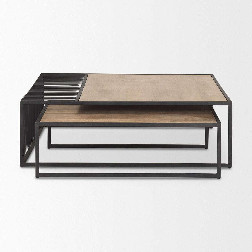 Set Of Two Light Brown and Black Solid Wood and Iron Square Frame Nested Coffee Tables