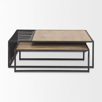 Set Of Two Light Brown and Black Solid Wood and Iron Square Frame Nested Coffee Tables