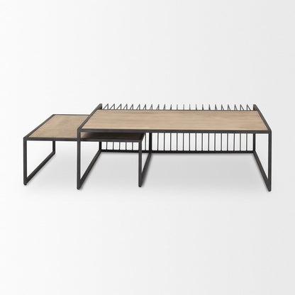 Set Of Two Light Brown and Black Solid Wood and Iron Square Frame Nested Coffee Tables