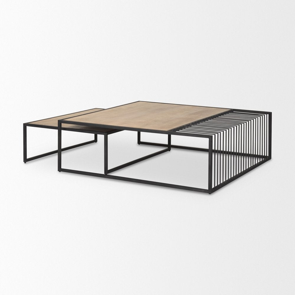Set Of Two Light Brown and Black Solid Wood and Iron Square Frame Nested Coffee Tables