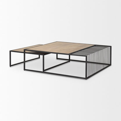 Set Of Two Light Brown and Black Solid Wood and Iron Square Frame Nested Coffee Tables