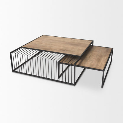 Set Of Two Light Brown and Black Solid Wood and Iron Square Frame Nested Coffee Tables