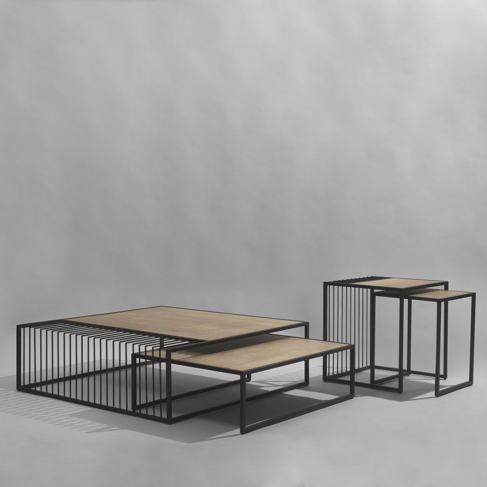 Set Of Two Light Brown and Black Solid Wood and Iron Square Frame Nested Coffee Tables