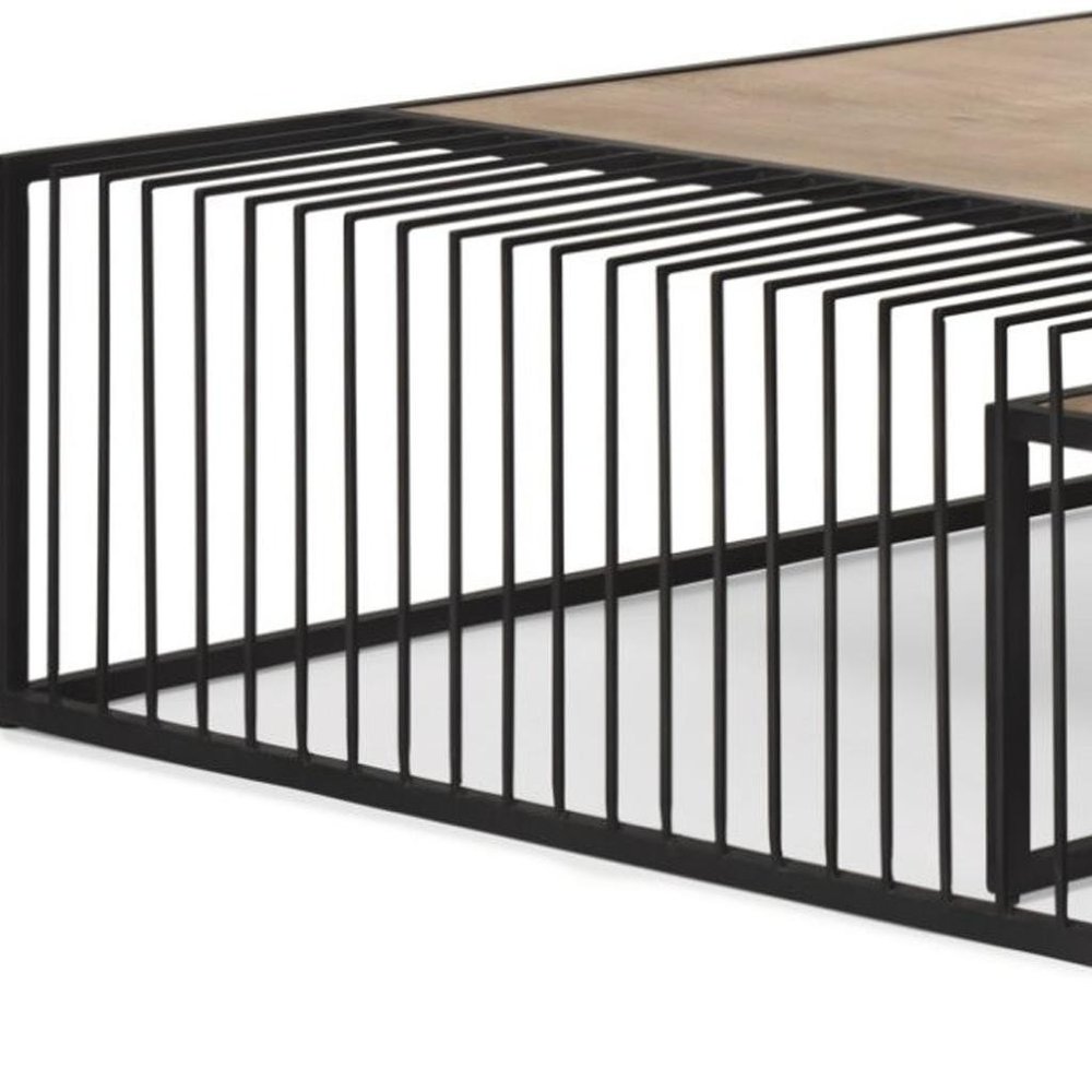 Set Of Two Light Brown and Black Solid Wood and Iron Square Frame Nested Coffee Tables