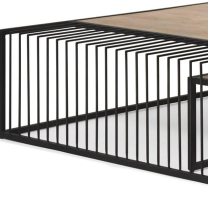 Set Of Two Light Brown and Black Solid Wood and Iron Square Frame Nested Coffee Tables