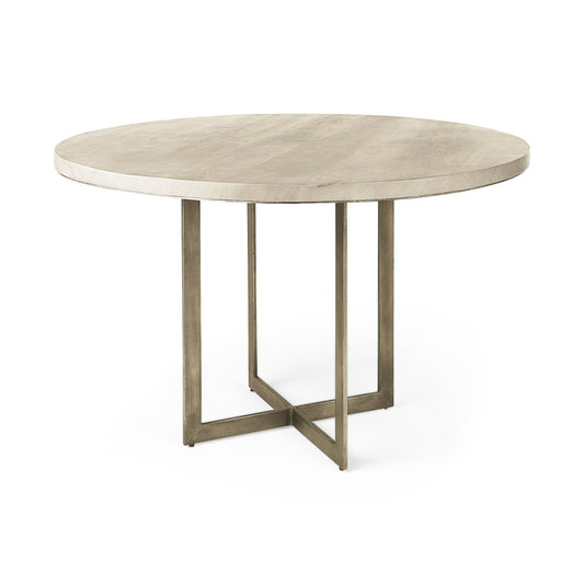 48" Beige And Gold Solid Wood And Iron Trestle Base Round Top Dining Table