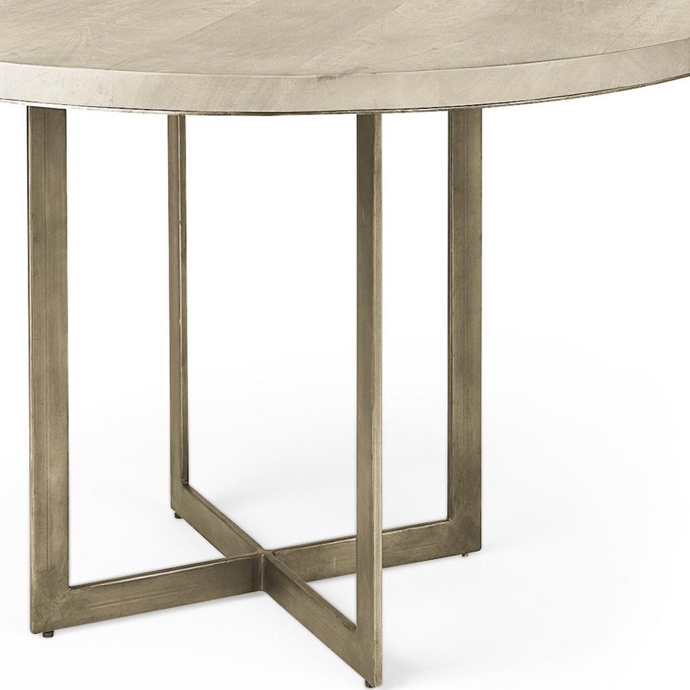 48" Beige And Gold Solid Wood And Iron Trestle Base Round Top Dining Table
