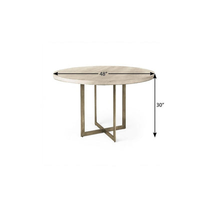 48" Beige And Gold Solid Wood And Iron Trestle Base Round Top Dining Table