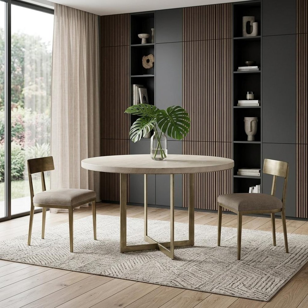 48" Beige And Gold Solid Wood And Iron Trestle Base Round Top Dining Table