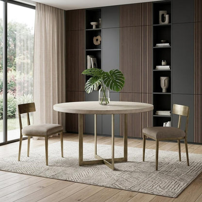48" Beige And Gold Solid Wood And Iron Trestle Base Round Top Dining Table