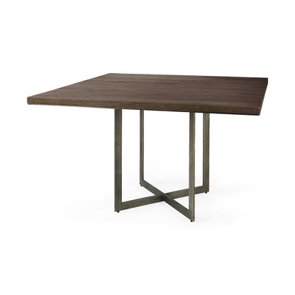 48" Brown And Gray Solid Wood And Iron Trestle Base Square Dining Table