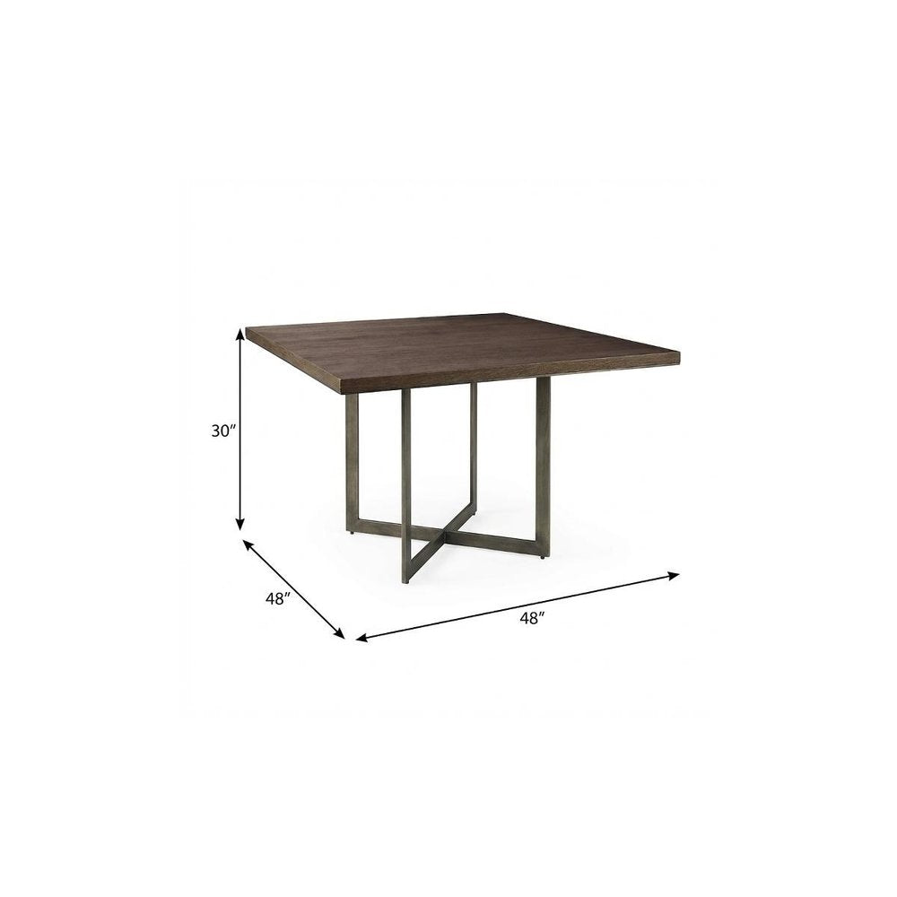 48" Brown And Gray Solid Wood And Iron Trestle Base Square Dining Table