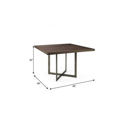 48" Brown And Gray Solid Wood And Iron Trestle Base Square Dining Table