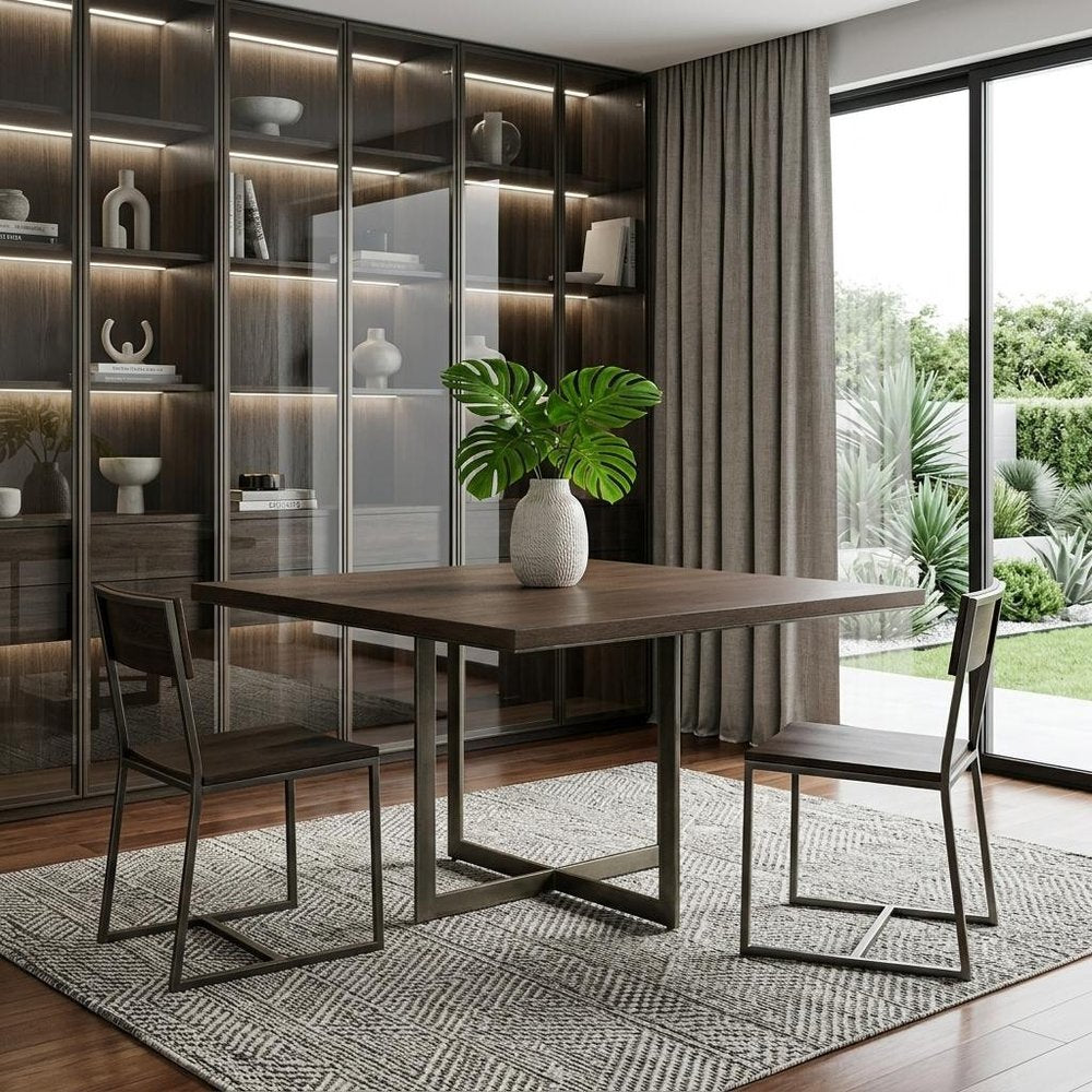 48" Brown And Gray Solid Wood And Iron Trestle Base Square Dining Table