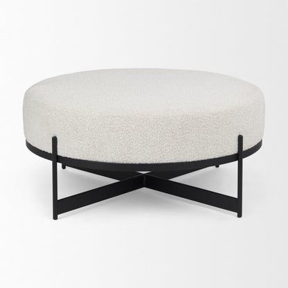 36" Cream and Black Fabric Round Pouf Ottoman