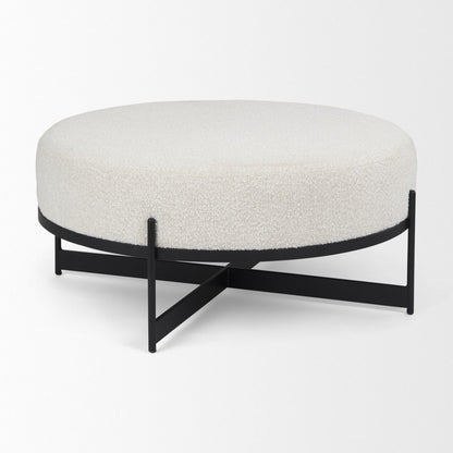 36" Cream and Black Fabric Round Pouf Ottoman