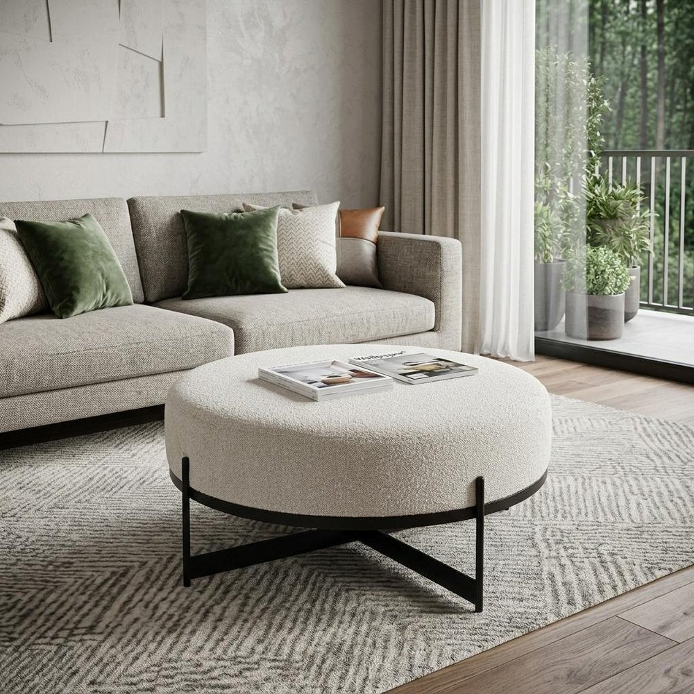 36" Cream and Black Fabric Round Pouf Ottoman
